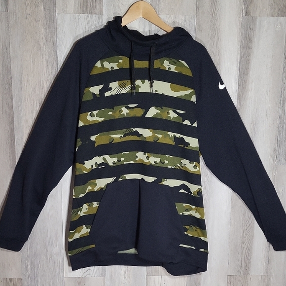 Nike Mens XL Dri Fit Pullover Hoodie Black Green‎ Camo Stripe Army Sweatshirt - Picture 1 of 8